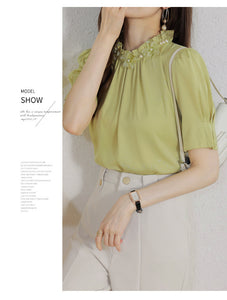 Short-sleeved chiffon shirt temperament thin top stand collar western style small shirt