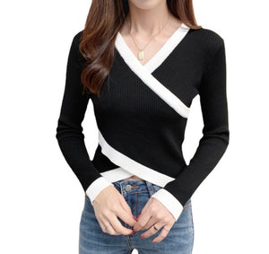 Cross V-neck Long-sleeved Knitted Sweater