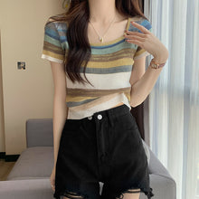 Load image into Gallery viewer, Rainbow Stripe Short Sleeve T-Shirt Knitwear Short Slim Top
