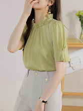 Load image into Gallery viewer, Short-sleeved chiffon shirt temperament thin top stand collar western style small shirt
