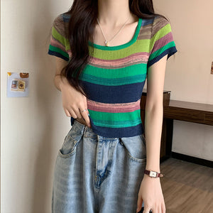 Rainbow Stripe Short Sleeve T-Shirt Knitwear Short Slim Top