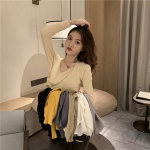 Cross V-neck Tight Fitting Clavicle Top Long-sleeved Sweater