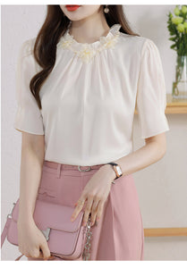 Short-sleeved chiffon shirt temperament thin top stand collar western style small shirt