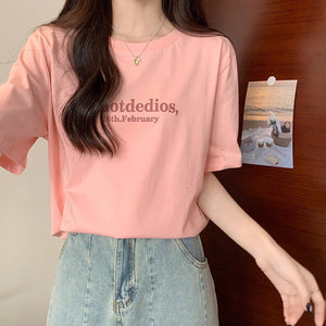 Cotton t-shirt summer letter printing short-sleeved loose slimming top