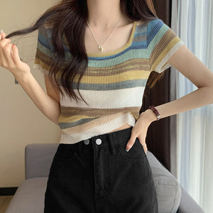 Rainbow Stripe Short Sleeve T-Shirt Knitwear Short Slim Top