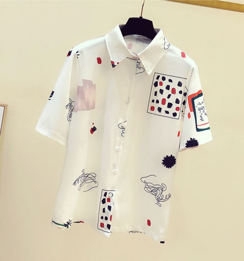 Hong Kong Style Chiffon Printed Short-sleeved Shirt