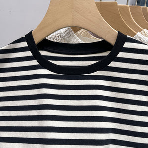 Striped short-sleeved t-shirt loose slimming cotton top