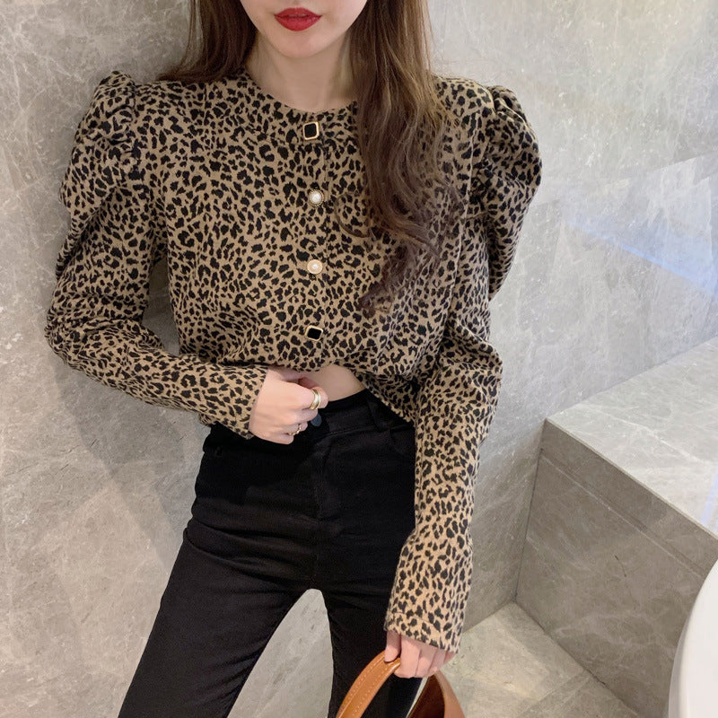 Leopard Print Hong Kong Style Puff Sleeve Shirt