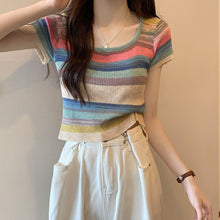 Load image into Gallery viewer, Rainbow Stripe Short Sleeve T-Shirt Knitwear Short Slim Top
