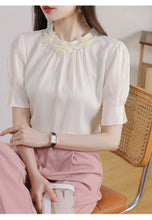 Load image into Gallery viewer, Short-sleeved chiffon shirt temperament thin top stand collar western style small shirt
