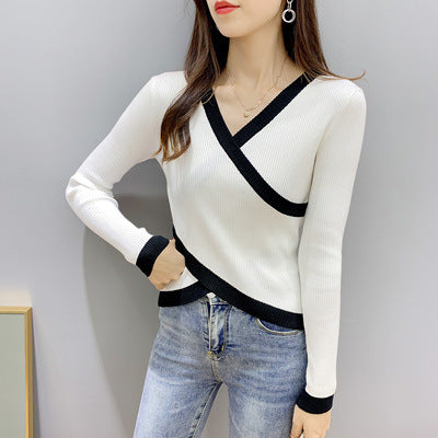 Cross V-neck Long-sleeved Knitted Sweater