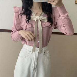 New Bow Tie Short Knitted Long-sleeved Cardigan