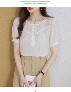 Korean version loose and thin temperament casual Japanese small round neck slim shirt women