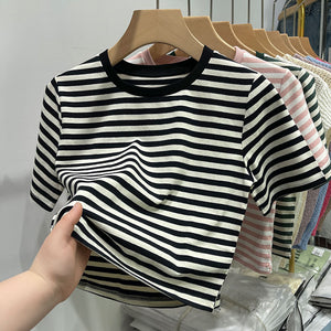 Striped short-sleeved t-shirt loose slimming cotton top