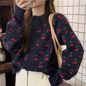 Japanese Style Cherry Jacquard Sweater Jacket