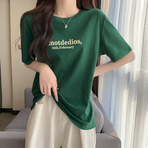 Cotton t-shirt summer letter printing short-sleeved loose slimming top