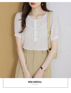 Korean version loose and thin temperament casual Japanese small round neck slim shirt women