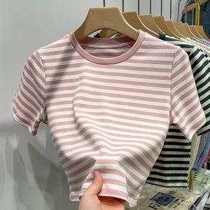 Striped short-sleeved t-shirt loose slimming cotton top