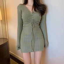 Load image into Gallery viewer, Autumn simple niche design sense drawstring V-neck long-sleeved knitted dress
