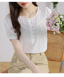 Korean version loose and thin temperament casual Japanese small round neck slim shirt women