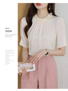 Short-sleeved chiffon shirt temperament thin top stand collar western style small shirt