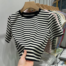 Load image into Gallery viewer, Striped short-sleeved t-shirt loose slimming cotton top
