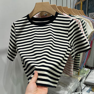 Striped short-sleeved t-shirt loose slimming cotton top