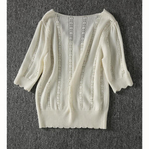 French V-neck Hollow Short-sleeved Knitted Sweater