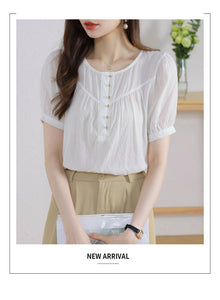 Korean version loose and thin temperament casual Japanese small round neck slim shirt women