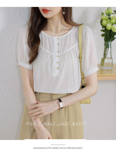 Korean version loose and thin temperament casual Japanese small round neck slim shirt women