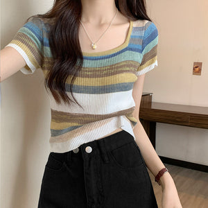 Rainbow Stripe Short Sleeve T-Shirt Knitwear Short Slim Top