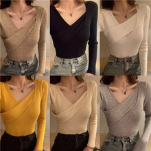Load image into Gallery viewer, Cross V-neck Tight Fitting Clavicle Top Long-sleeved Sweater
