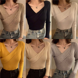 Cross V-neck Tight Fitting Clavicle Top Long-sleeved Sweater