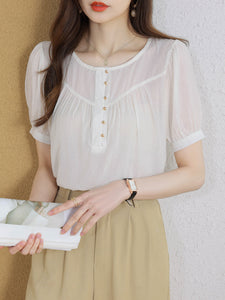 Korean version loose and thin temperament casual Japanese small round neck slim shirt women