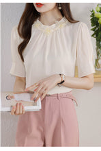 Load image into Gallery viewer, Short-sleeved chiffon shirt temperament thin top stand collar western style small shirt
