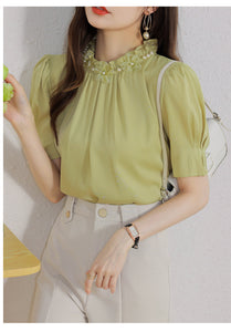 Short-sleeved chiffon shirt temperament thin top stand collar western style small shirt