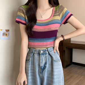 Rainbow Stripe Short Sleeve T-Shirt Knitwear Short Slim Top