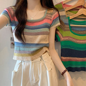 Rainbow Stripe Short Sleeve T-Shirt Knitwear Short Slim Top