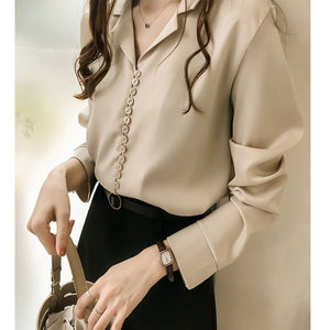 New Solid Hong Kong Style Silk Satin Long-sleeved Shirt