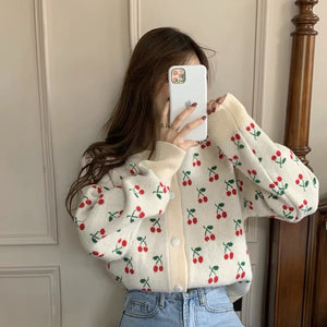 Japanese Style Cherry Jacquard Sweater Jacket