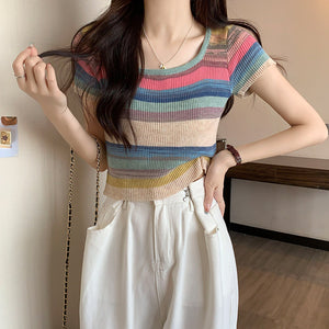 Rainbow Stripe Short Sleeve T-Shirt Knitwear Short Slim Top