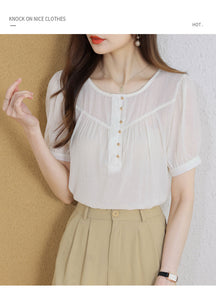 Korean version loose and thin temperament casual Japanese small round neck slim shirt women