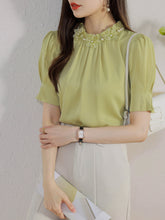 Load image into Gallery viewer, Short-sleeved chiffon shirt temperament thin top stand collar western style small shirt
