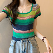 Load image into Gallery viewer, Rainbow Stripe Short Sleeve T-Shirt Knitwear Short Slim Top
