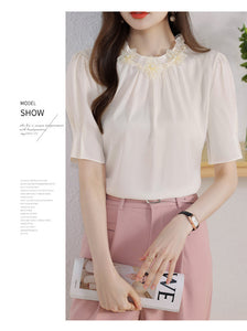 Short-sleeved chiffon shirt temperament thin top stand collar western style small shirt