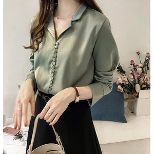 New Solid Hong Kong Style Silk Satin Long-sleeved Shirt