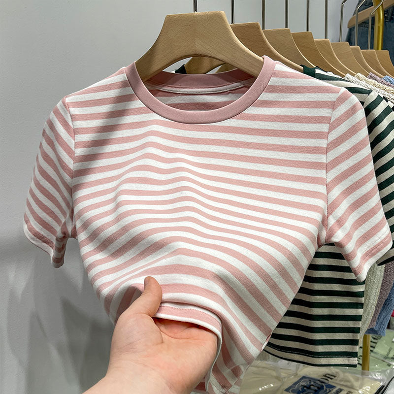 Striped short-sleeved t-shirt loose slimming cotton top