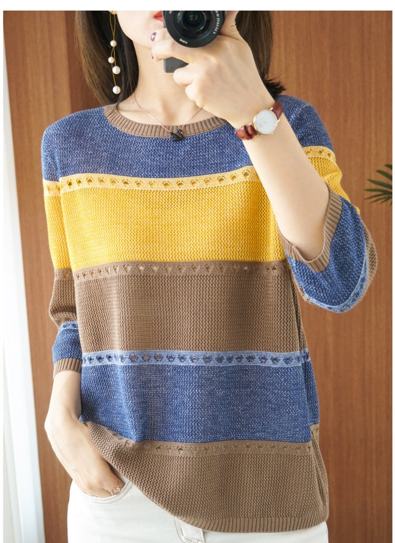 Thin Wool Knitted Short-sleeved Round Neck Hollow Shirt