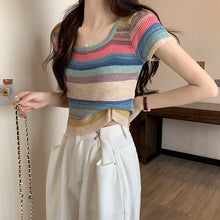 Load image into Gallery viewer, Rainbow Stripe Short Sleeve T-Shirt Knitwear Short Slim Top
