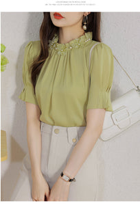 Short-sleeved chiffon shirt temperament thin top stand collar western style small shirt